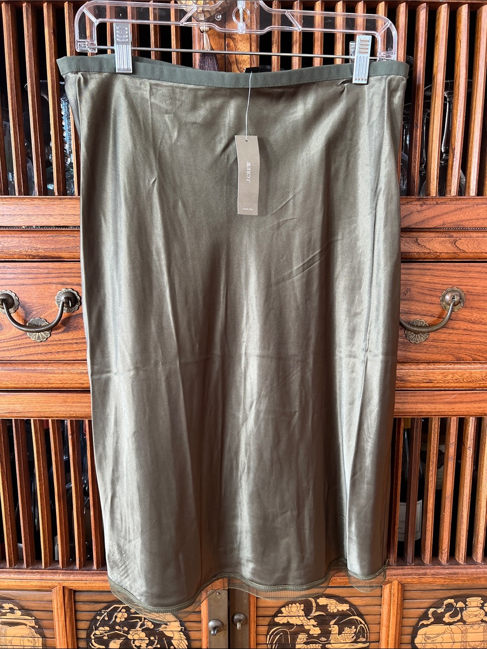 J. Crew Olive Green Satin Midi Skirt